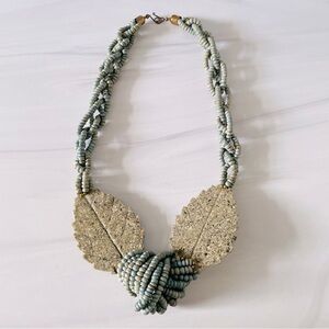 Chunky Seed Bead Mixed Media Leaves and Beads Necklace